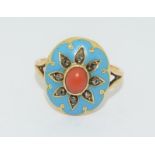 18ct Gold 19th century Red Coral, Enamel and Rose Cut Diamond ring. Size N.