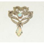 Tested as 18ct White Gold 4.2cms x 3.2cms Opal and Diamond Art Nouveau style brooch pin, 7.8grams.