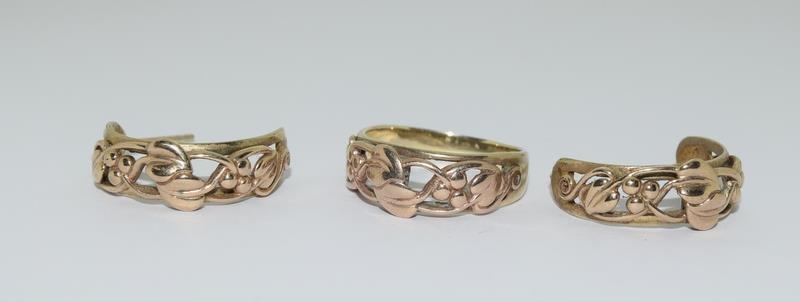 9ct Welsh Gold Band Ring (size Q) & a Matching Pair of Welsh Gold Earrings. 8.78g