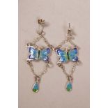 A pair of silver and enamel butterfly drop earrings