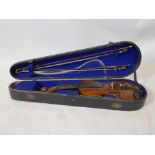 A C19th violin by Hopf with a one piece back, in a fitted case with two bows, 23½" long