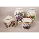 A Portmeirion vase, 8½", a Mason's floral pattern tea caddy, a Spode 'The Derby' commemorative