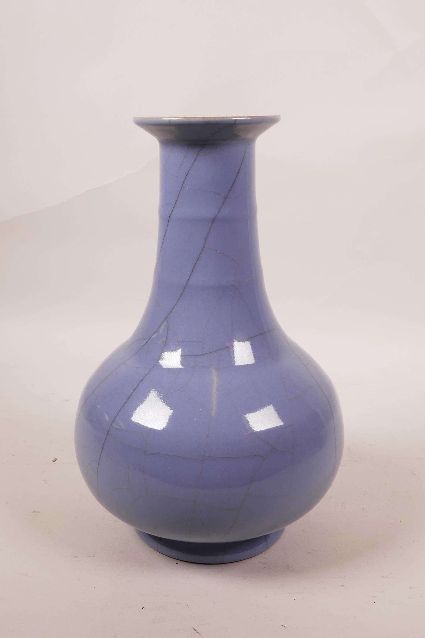 A Chinese blue glazed crackleware vase with a ribbed neck, 9" high - Image 2 of 4