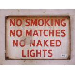 A vintage enamel garage sign, no smoking, no matches, 12" x 18"