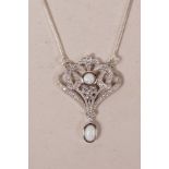 A 925 silver, cubic zirconium and opalite set Belle Époque style necklace, 1" drop