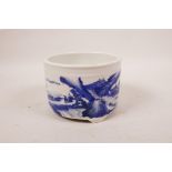 A Chinese blue and white porcelain cylinder pot decorated with landscape scenes, 6 character mark to