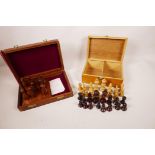 A boxed harlequin chess set and a mahogany table skittles set