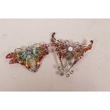 A pair of 925 silver and plique-à-jour brooches in the form of butterflies, 2" wide