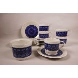 Royal Doulton 'Babylon' 1970s part tea service, with blue and purple decoration, six teacups, six