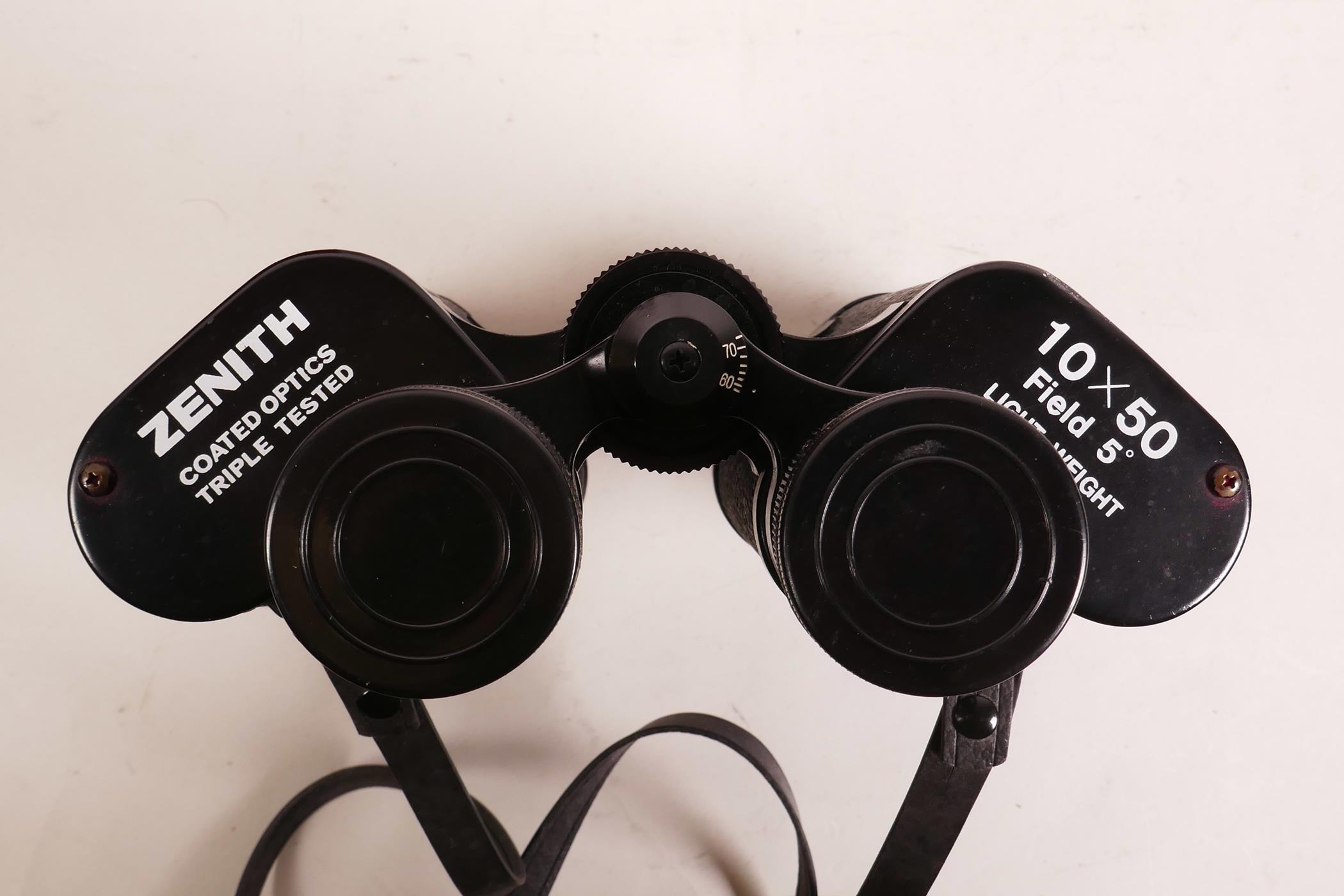 A pair of Zenith 10X50 lightweight field binoculars, coated lenses triple tested, with leather case; - Image 2 of 3