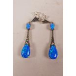 A pair of Art Deco style silver and blue opalite set drop earrings, 2" drop