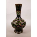 A Chinese black ground cloisonné vase, decorated with butterflies and lotus flowers, A/F repair, 12"