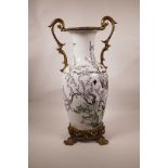 A large Chinese famille verte porcelain vase with later applied ormolu style mounts and handles, the