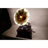 A replica Victorola wind up horn gramophone with mahogany case and brass horn, 14½" square