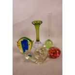 Five pieces of hand blown art glass to include three paperweights of an owl, snail and small