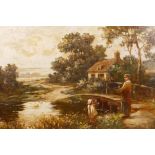 Attributed to Ernest Walbourn, rural landscape with figure and child, oil on canvas, 15" x 23"