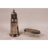 A Mappin & Webb silver plated sugar sifter, 6½" high, and a hallmarked silver lidded, cut glass