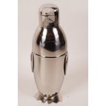 A plated cocktail shaker in the form of a penguin, 9" high