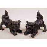 A pair of Oriental bronze figurines of fo dogs, 6" long