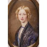 A C19th miniature portrait on ivory of a lady in blue, 2" x 3"