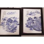 A pair of Chinese blue and white ceramic panels decorated with lake landscapes, signed with