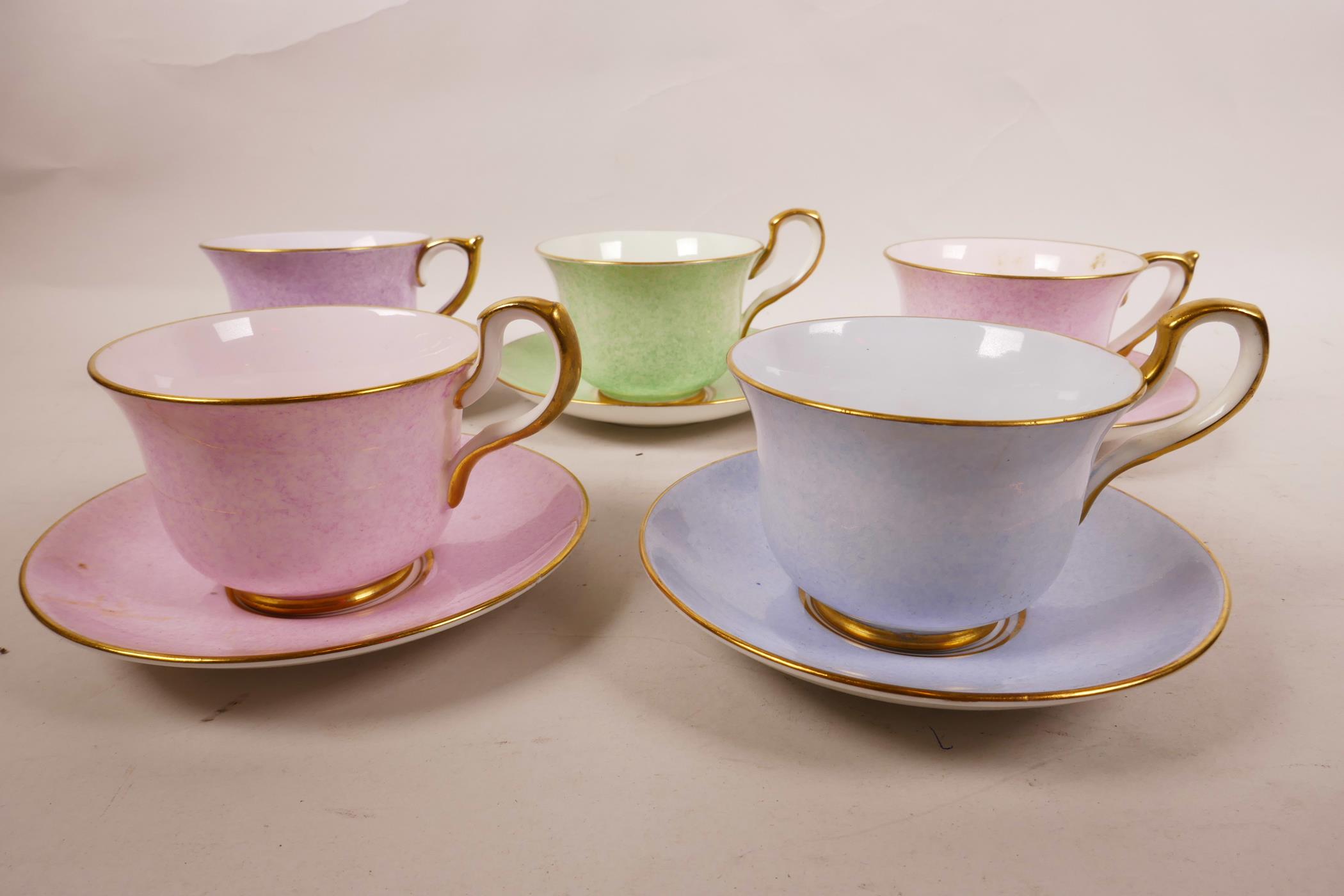 A 1930s Paragon China part tea set, sponged pastel colours of pink, lilac, green and blue, with gilt - Image 2 of 4