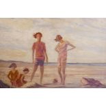 Figures on a beach, early C20th, unframed early C20th oil on canvas, 20" x 24"