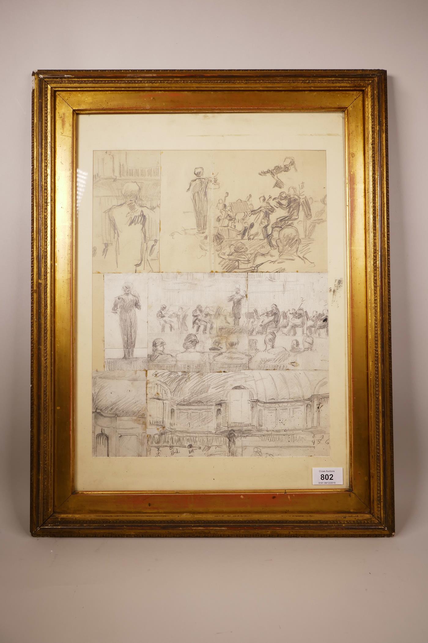 Attributed to Ralph Fletcher Seymour (American, 1876-1966), Pencil Studies of an Orchestra, labelled