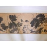 A large Chinese watercolour scroll depicting birds amongst flowers, approximately 110" x 27"