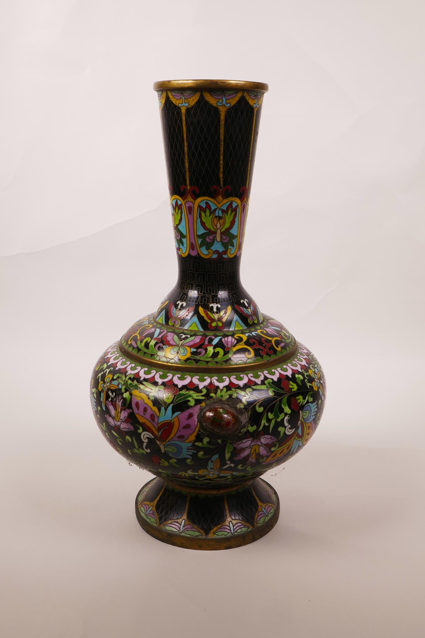 A Chinese black ground cloisonné vase, decorated with butterflies and lotus flowers, A/F repair, 12" - Image 3 of 5