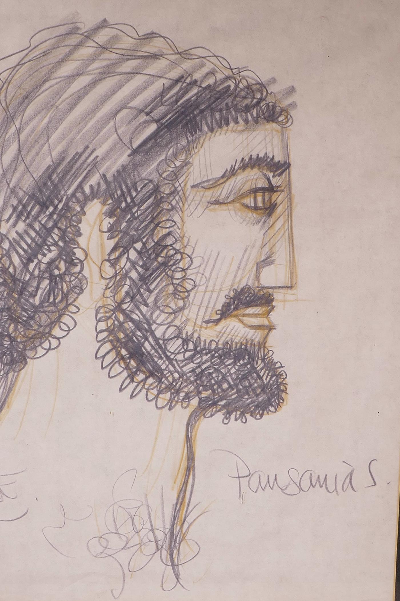 Pansarias, stylised portrait of a bearded man, pencil sketch, 11½" x 16"