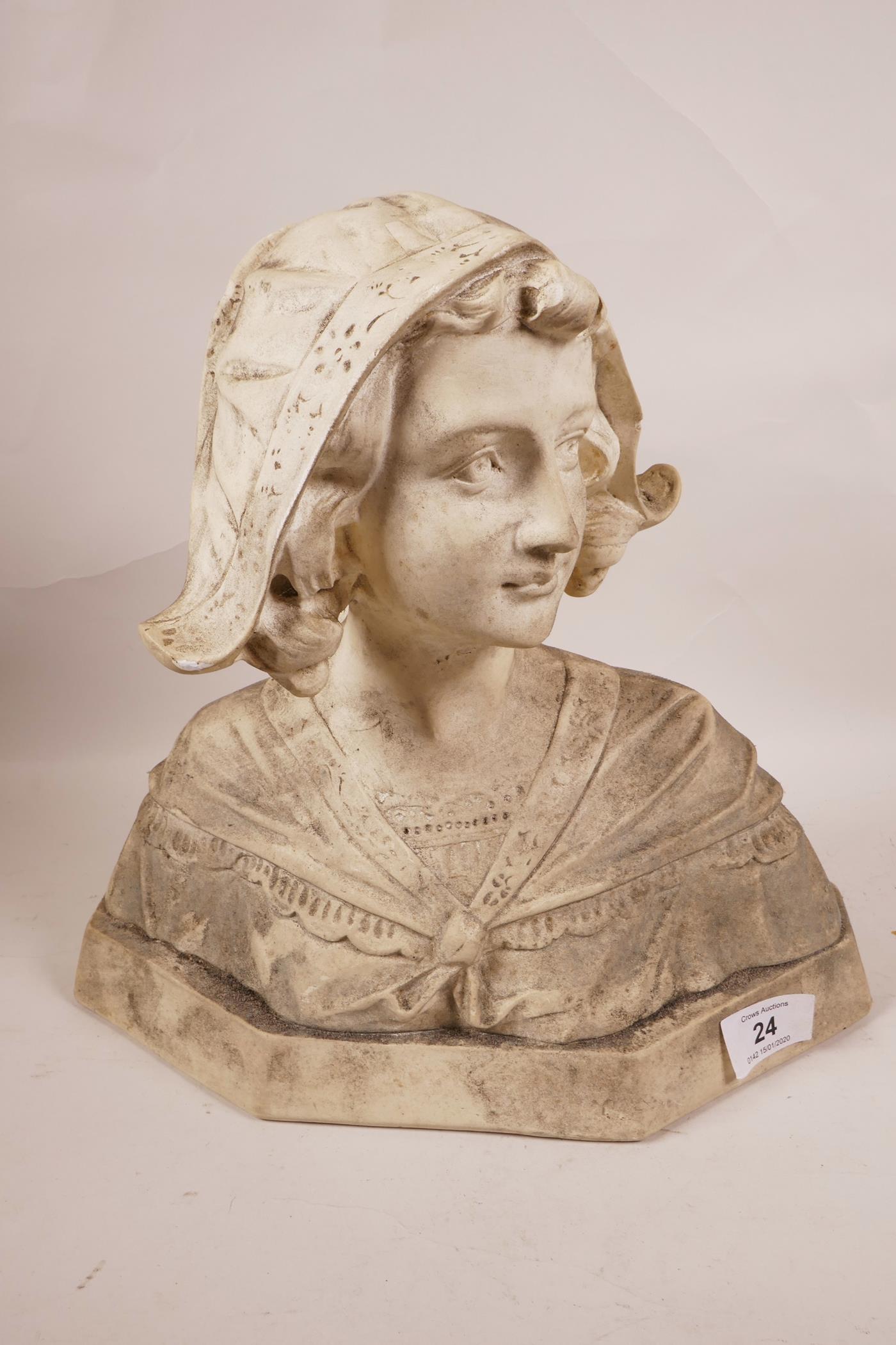 A C19th decorative bust of a Dutch lady in traditional dress, signed J. Gianelli, plaster cast,