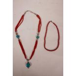 A multi strand red coral bead necklace with white metal and turquoise feature beads, together with