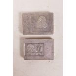 A pair of Chinese white metal trade tokens, 1" wide, 63 grams