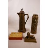 Four items, including a WWI British Trench Art brass shell case vase, with embossed oakleaf