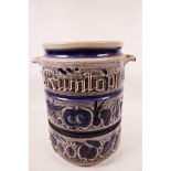 A large 1970s West German Runtopf pottery jar, with distinctive incised blue decoration of cherries,