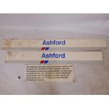 Two railway signs, 'Ashford' and another 'At Owner's Risk', largest 74" x 8"