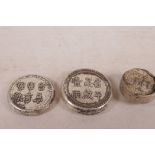 Three Chinese white metal trade tokens, 78 grams