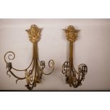 A pair of ormolu two branch electrolier wall sconces, 18" long