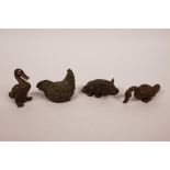 Four Chinese bronzed metal animals including two ducks, a chicken and a boar, largest 2"