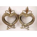 A pair of metal and glass, heart shaped garden candle lanterns, 20½" high