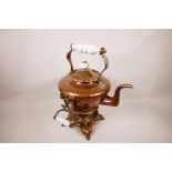 A C19th copper kettle on stand with milk glass handles, 16" high