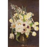 Ann St John Partridge, spring flowers in a vase, signed oil on panel, unframed, Salon de Paris label