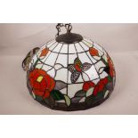 A Tiffany style ceiling light with shade decorated with butterflies and flowers, 16" diameter