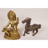 A Chinese bronze figurine of a horse and an Oriental bronze figurine of 'Indra', 7" long