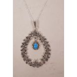 A 925 silver and marcasite set pendant necklace in the form of a wreath with a turquoise drop, 3"