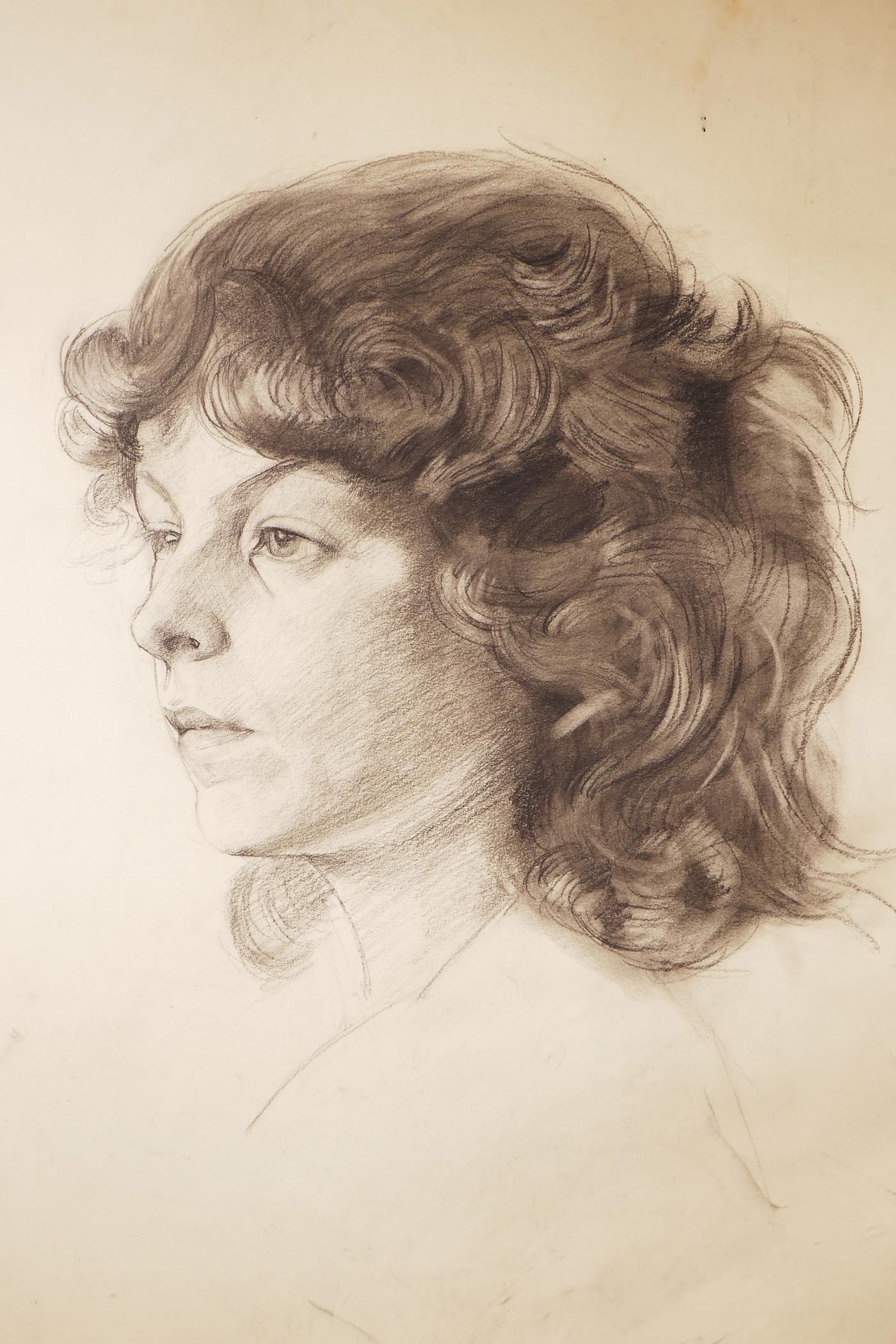 E. Siegel (Mid C20th), Female Portrait, signed upper right, charcoal on paper, glass missing from - Image 4 of 5
