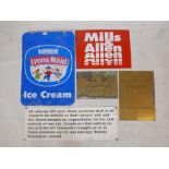 A Lyons Maid Ice Cream enamel sign, two brass plaques, a Mills & Allen enamel sign and another '