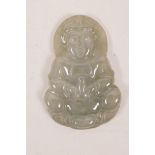 A Chinese celadon jade pendant carved in the form of Buddha, 2"
