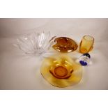 A studio glass petal shaped fruit bowl, 12" diameter, together with a shaped amber glass dish, a